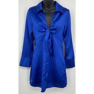 Zara Womens Royal Blue Satin Tie-Front Dress Small Mini V Sheath Sexy New